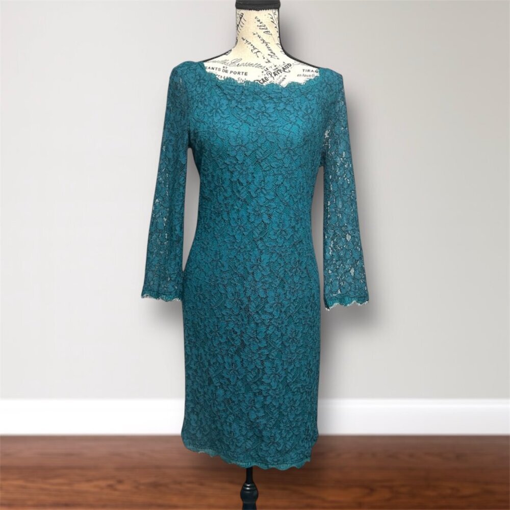 Diane‎ von Furstenberg Zarita Lace Dress Teal Scallop Hem Cocktail Party Size 10